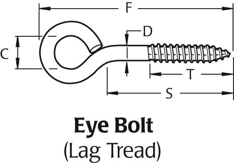 Hindley Stainless Steel Lag Thread Eye Bolt -  3/8" Diameter x 2-3/4" Shank
