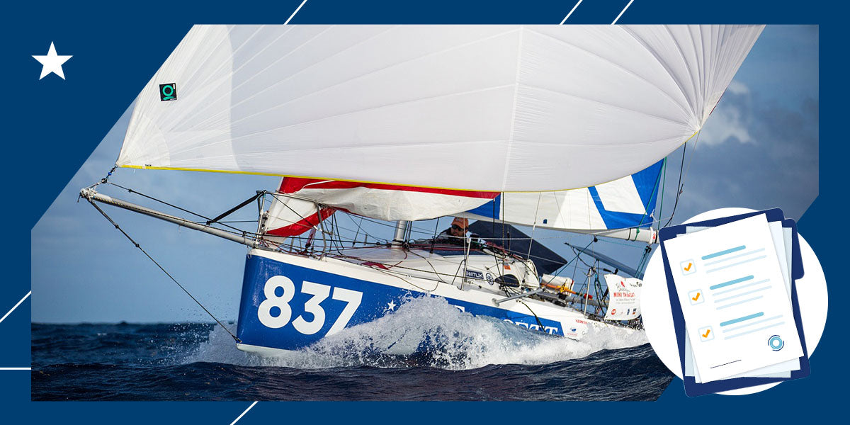 fawcett sailboat sailing with a checklist icon on the right side of the image